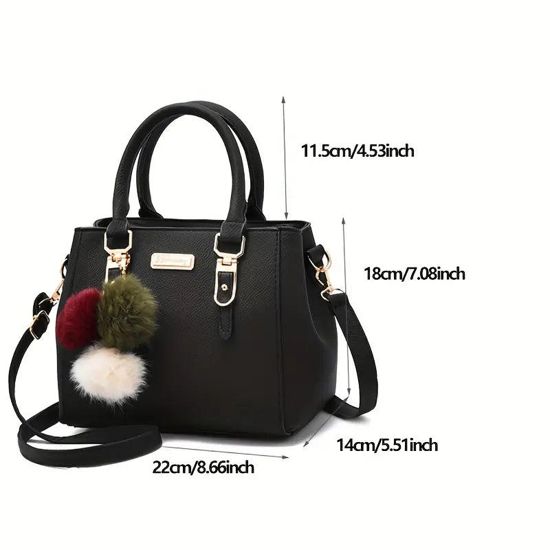 Women's Chic Handbag with Detachable Strap and Pom-Pom PU Black