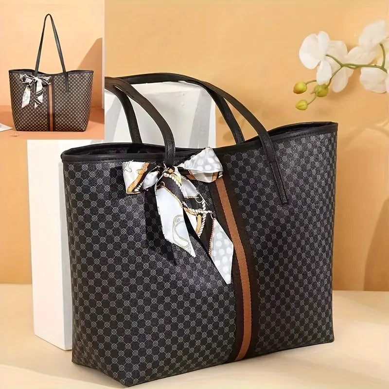 Women's Polka Dot Tote Bag with Scarf Detail Shoulder Handbag Faux Leather Black