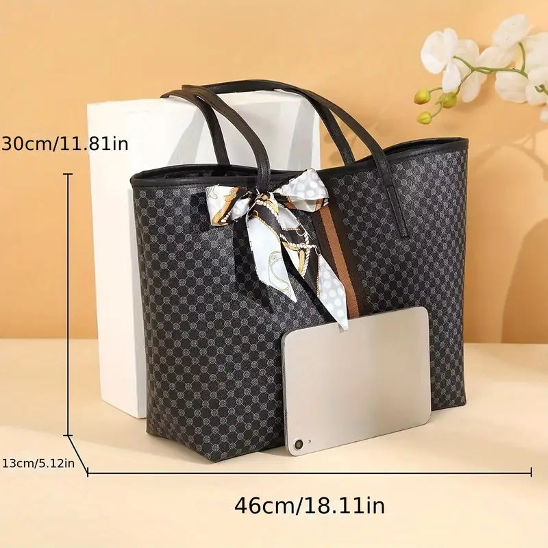 Women's Polka Dot Tote Bag with Scarf Detail Shoulder Handbag Faux Leather Black