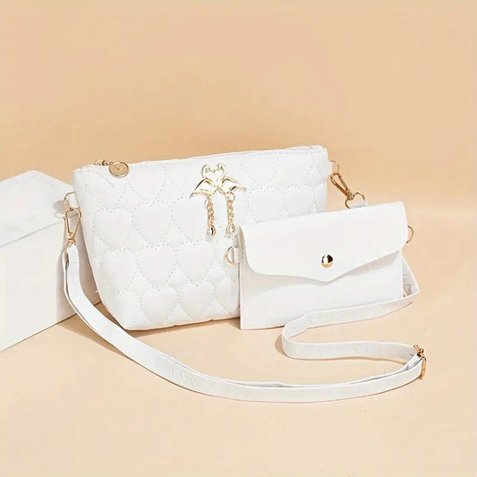 Women's Crossbody Bag Chic Heart with Mini Coin Purse & Swan Charm Faux Leather White