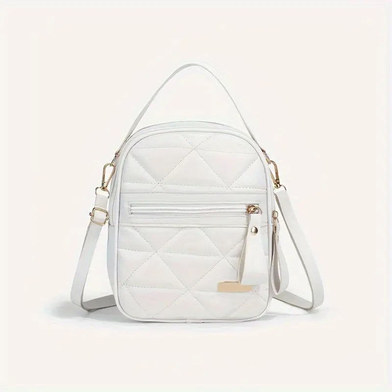 Women's Shoulder Bag Grid Pattern & Zipper White