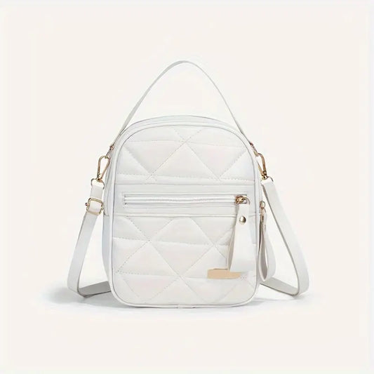 Women's Shoulder Bag Grid Pattern & Zipper White