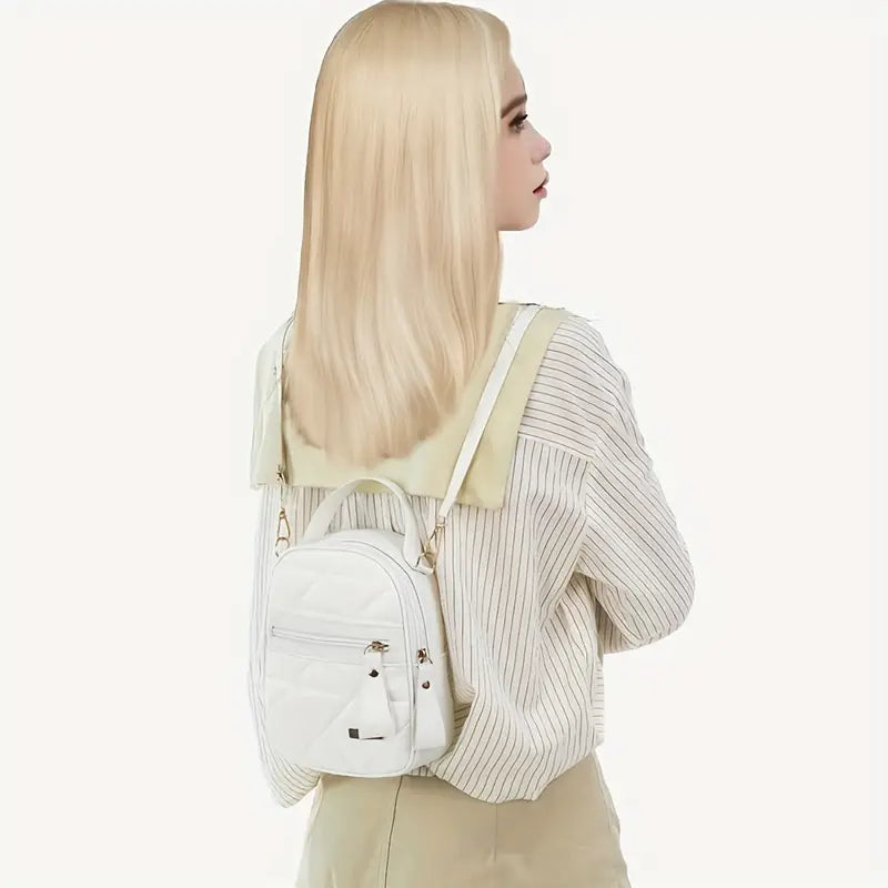 Women's Shoulder Bag Grid Pattern & Zipper White