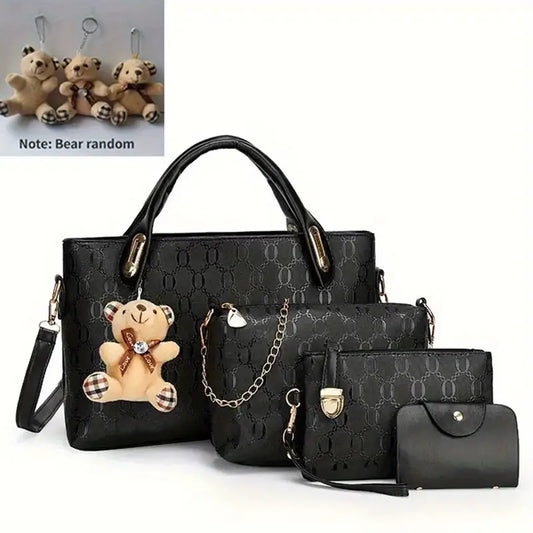 Women's 4pcs/set Handbags and Cosmetic Bags PU Leather Black